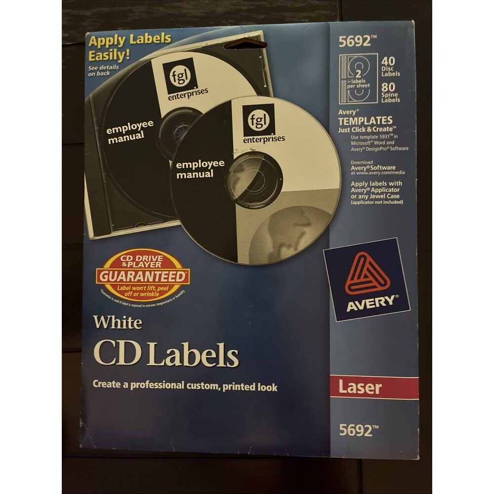 Avery 5692 Laser CD Labels White Disc Opened Box 12 Sheets, 24 Labels